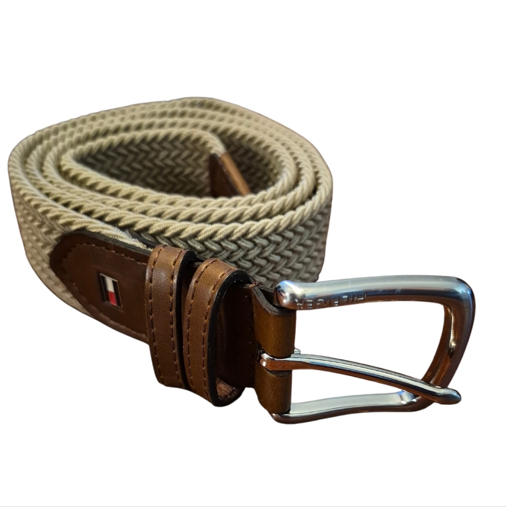 Tommy Hilfiger Mens Knit Braided Belt Cream Color, Waist 36-38